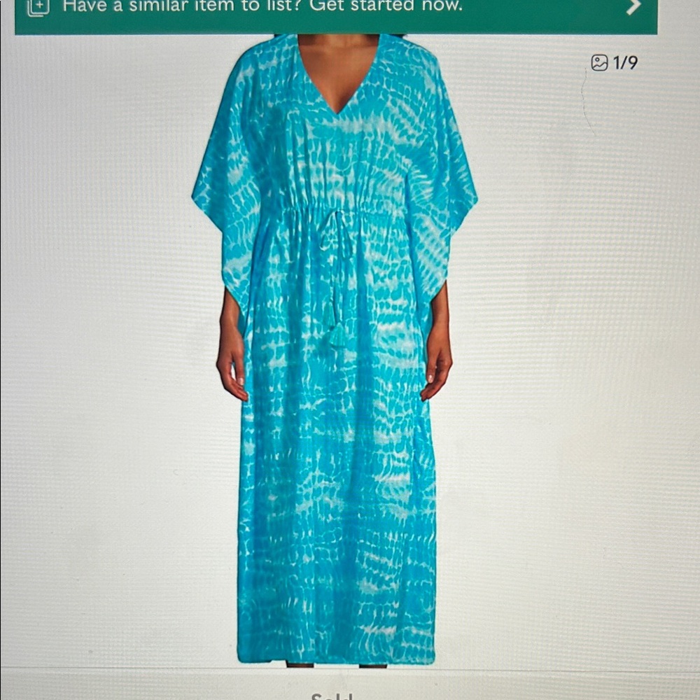 Lands' End Kaftan Turquoise Patterned Maxi Swim Coverup EUC.      Large (14-16)